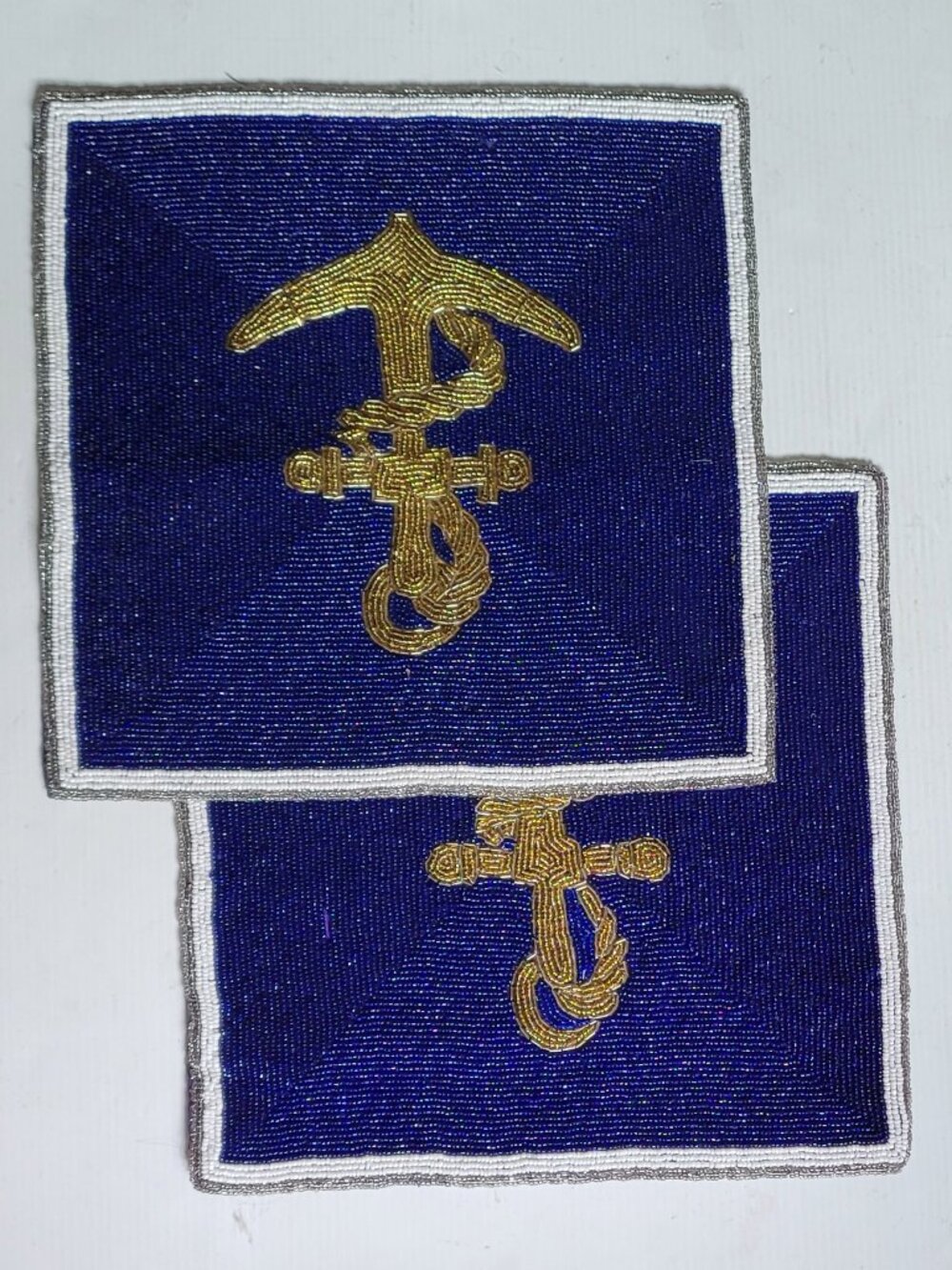 Beaded Placemats Large Heavy 14" Square, BLUE Gold Anchor ⚓ Set of 2  EUC NICE !